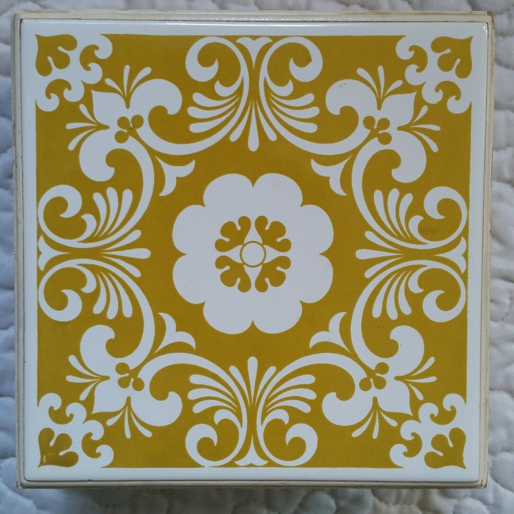 Vintage Mustard Cream Hinged 6" Box Trinket Box Decor Damask Boho Shabby "Joana"